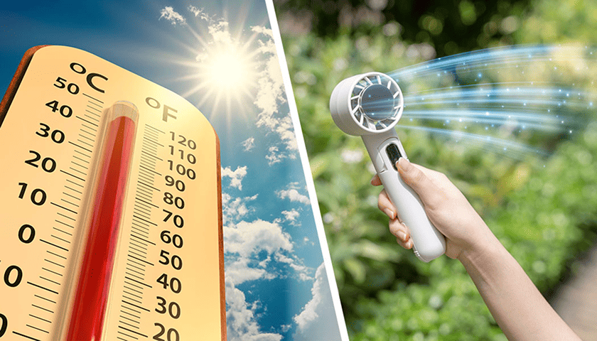 Thermomètre en plein soleil à côté d'un appareil de refroidissement portatif utilisé à l'extérieur